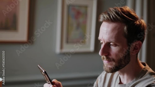 Man Using Smartphone at Home in Casual Setting, Communication and Technology Concept