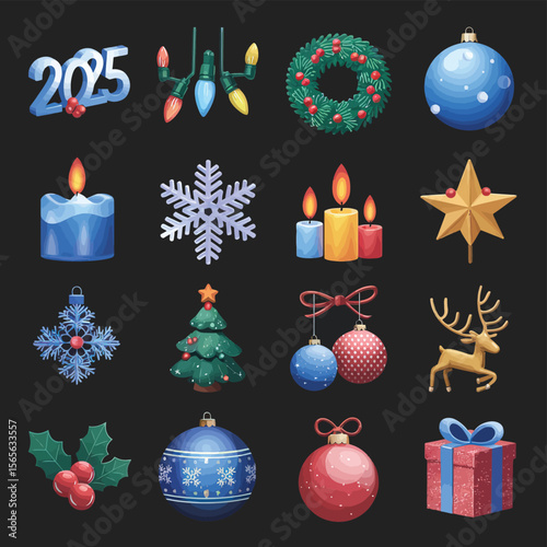 vector Happy New Year Celebrating 2025 in Latin letters , Christmas Decoration Items Santa Claus
