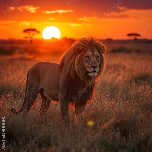 Wallpaper Mural A regal male lion stands in the golden sunset of the African savanna, his mane glowing with warm hues. The scene captures strength, pride, and majestic beauty in a breathtaking natural setting. Torontodigital.ca