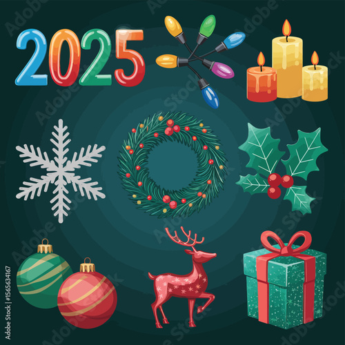 vector Happy New Year Celebrating 2025 in Latin letters , Christmas Decoration Items Santa Claus
