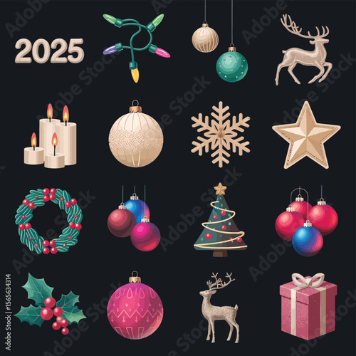 vector Happy New Year Celebrating 2025 in Latin letters , Christmas Decoration Items Santa Claus
