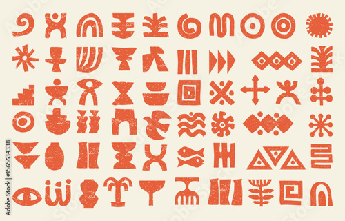 Collection of African tribal symbols in hand drawn vector style. Grunge ethnic geometric icon set.
