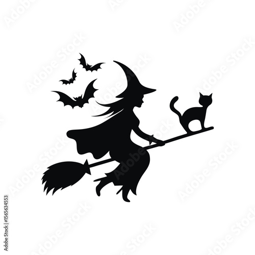 Silhouetted Witch Flying Over a Haunted Halloween
