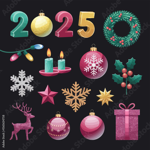 vector Happy New Year Celebrating 2025 in Latin letters , Christmas Decoration Items Santa Claus
