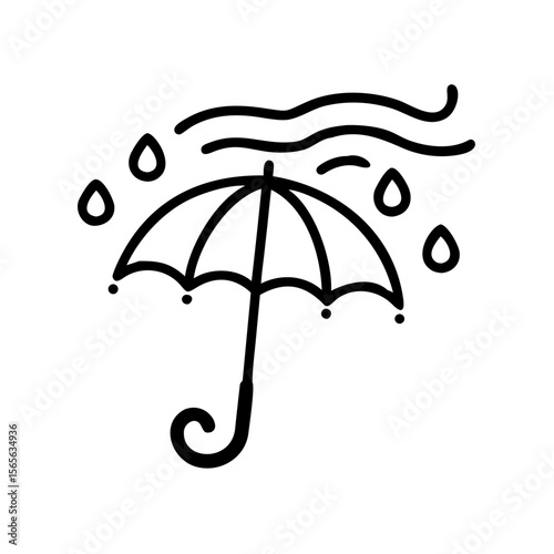Open umbrella with raindrops and swirling wind, transparent background, graphic design