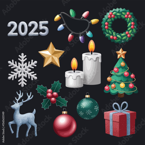 vector Happy New Year Celebrating 2025 in Latin letters , Christmas Decoration Items Santa Claus
