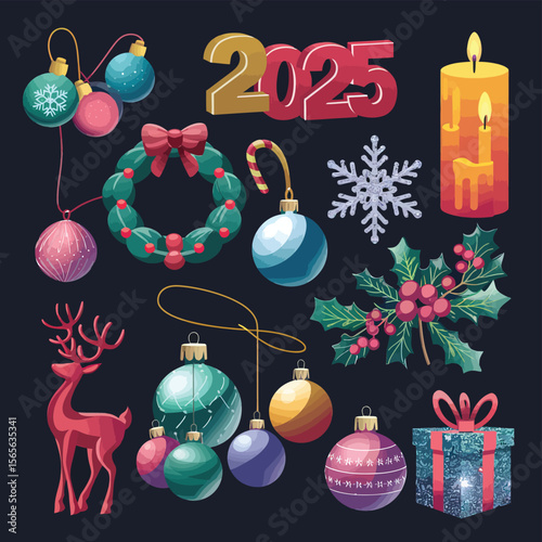 vector Happy New Year Celebrating 2025 in Latin letters , Christmas Decoration Items Santa Claus
