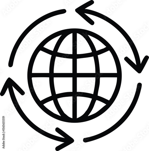 Globe with arrows icon represents global network and workflow in simple line style