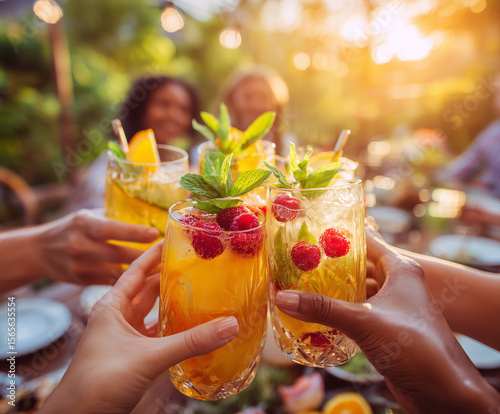 Friends celebrate with refreshing cocktails at an outdoor gathering during sunset