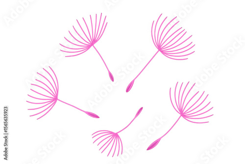 Pink dandelion seeds are flying in different directions on a transparent background, creating a delicate and whimsical image