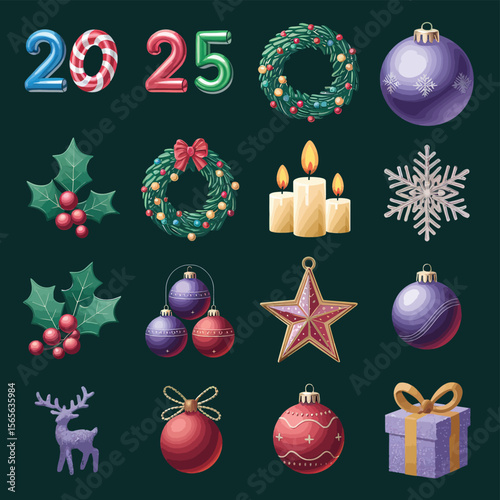 vector Happy New Year Celebrating 2025 in Latin letters , Christmas Decoration Items Santa Claus
