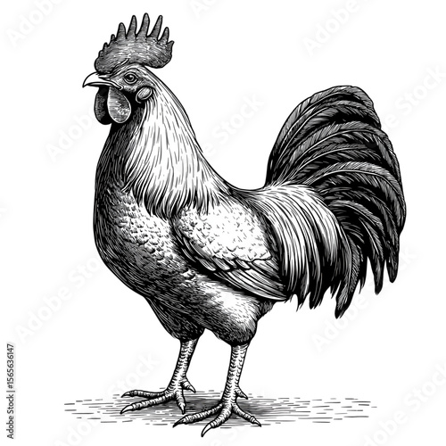 Vintage Illustration of Rooster in Black and White Style, vector illustration, engraving design