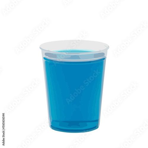 Blue liquid in transparent plastic cup on a white background  