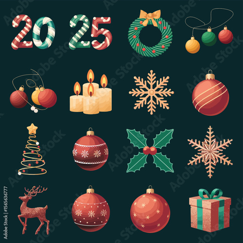 vector Happy New Year Celebrating 2025 in Latin letters , Christmas Decoration Items Santa Claus
