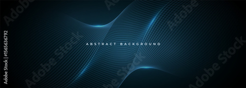 Abstract dark blue wide vector background with glowing blue wavy lines.