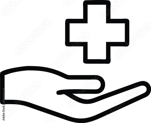 Hand holding cross line art icon, medical care outline symbol graphic
