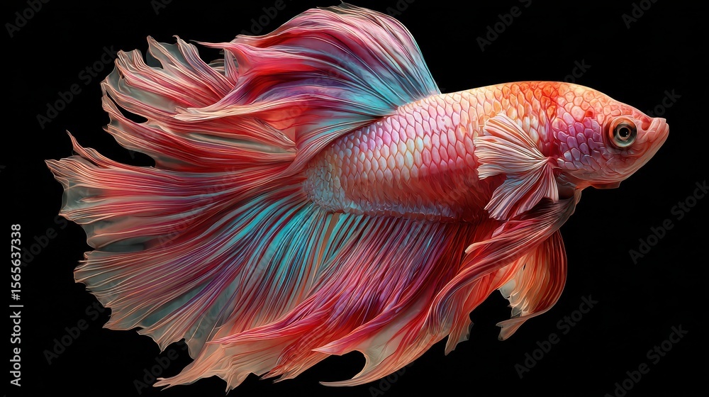 Fototapeta premium Beautiful Siamese fighting fish on dark background. Betta fish. Colorful fighting Siamese fish with beautiful silk tail isolated on black. Generative AI.