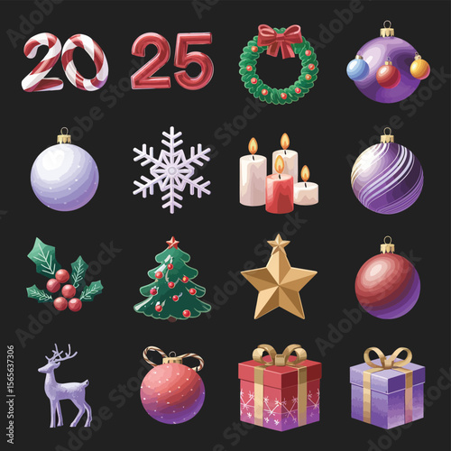 vector Happy New Year Celebrating 2025 in Latin letters , Christmas Decoration Items Santa Claus
