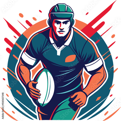 Rugby player running with ball, front view and Dynamic Rugby Player with Ball vector illustration