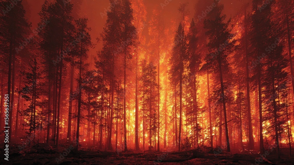 Vast forest engulfed in flames during intense wildfires caused by climate change and global warming effects Vast forest engulfed in flames during intense wildfires caused by climate change and global warming effects