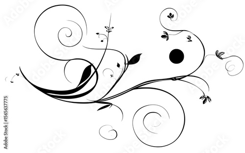 Swirling Floral Ornament – Elegant Black Line Botanical Decoration
