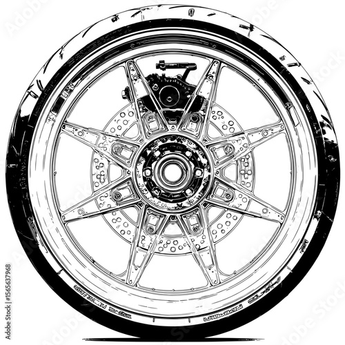 Mechanical Wheel Blueprint – Technical Black and White Engineering Art
