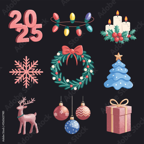 vector Happy New Year Celebrating 2025 in Latin letters , Christmas Decoration Items Santa Claus
