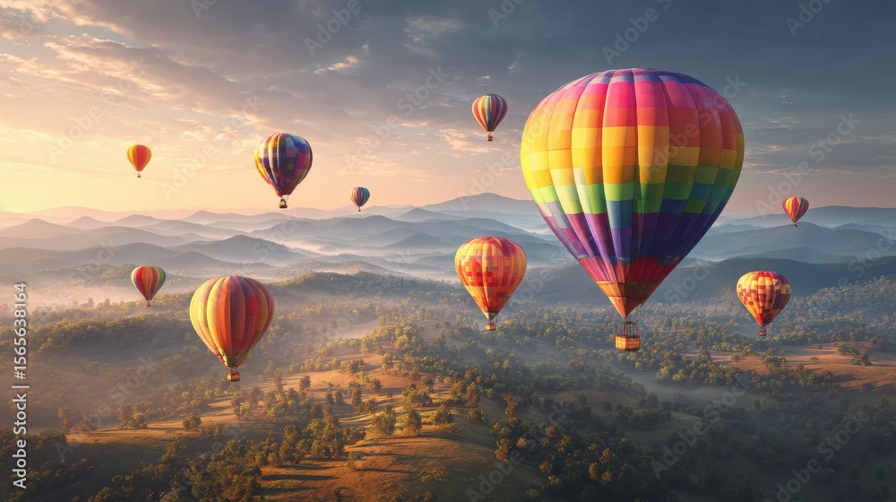 Obraz premium Hot air balloons flying over scenic landscape at sunrise leisure travel destination