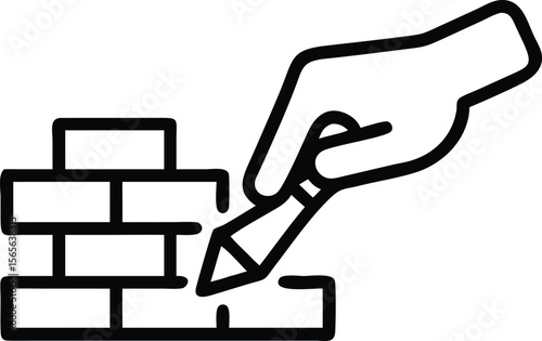 Hand with pencil drawing brick wall, construction concept line art vector
