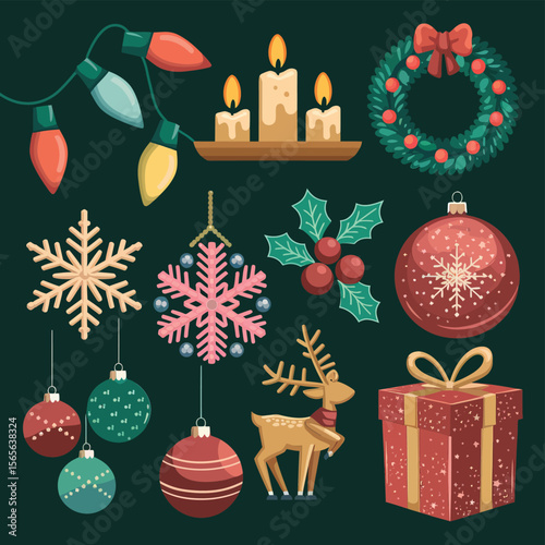 vector Happy New Year Celebrating 2025 in Latin letters , Christmas Decoration Items Santa Claus
