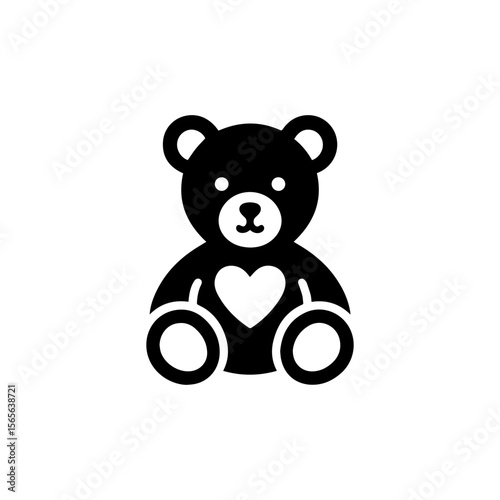 A black and white icon of a teddy bear with a heart shape on its chest.