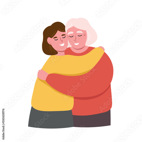 Grandmother hugs her daughter. Women of different generations hug each other. Vector flat graphics.