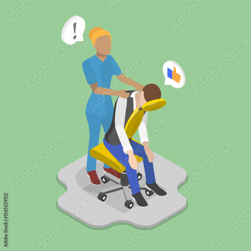 3D Isometric Flat Vector Illustration of Physiotherapy, Female Massage Therapist Assists Patient With Back Pain At Clinic