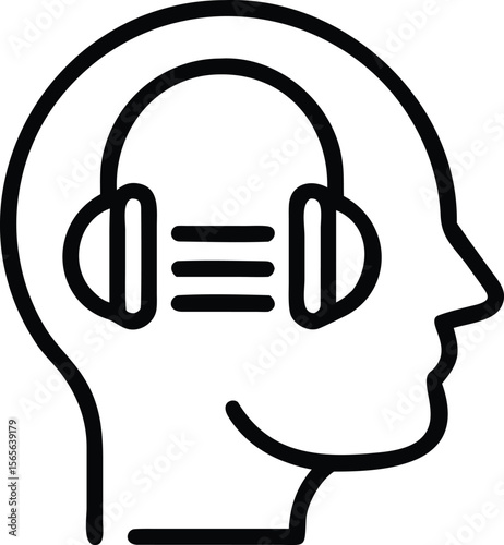 Head with headphones icon, music listening in outline style for user interface