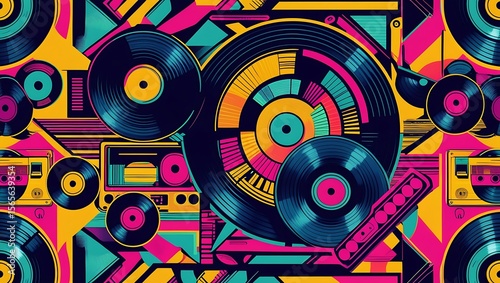 Vibrant Retro Music Pattern Vinyl Records, Cassette Tapes, and Geometric Shapes