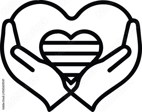 Heart in hands outline icon with striped design for logo and web use