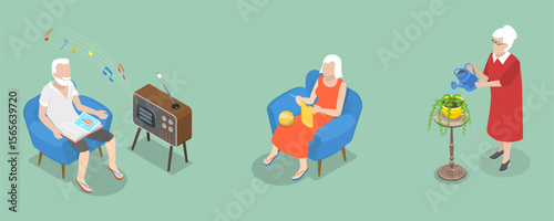 3D Isometric Flat Vector Illustration of Leisure Fun, Elderly Men And Women Enjoying Hobbies At Nursing Home