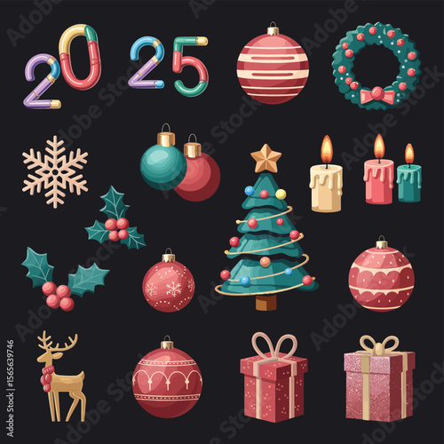 vector Happy New Year Celebrating 2025 in Latin letters , Christmas Decoration Items Santa Claus
