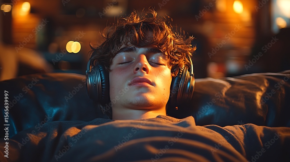 Fototapeta premium Serene Young Man Enjoying Music with Headphones Indoors