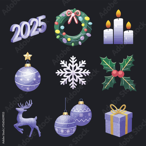 vector Happy New Year Celebrating 2025 in Latin letters , Christmas Decoration Items Santa Claus
