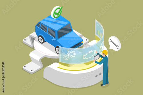 3D Isometric Flat Vector Illustration of Innovative Car Repair, Interacting With Virtual User Interface