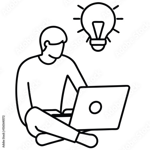 Person with laptop and lightbulb idea technology
