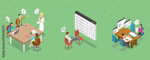 3D Isometric Flat Vector Illustration of Company Strategy Conference, Market Research Meeting