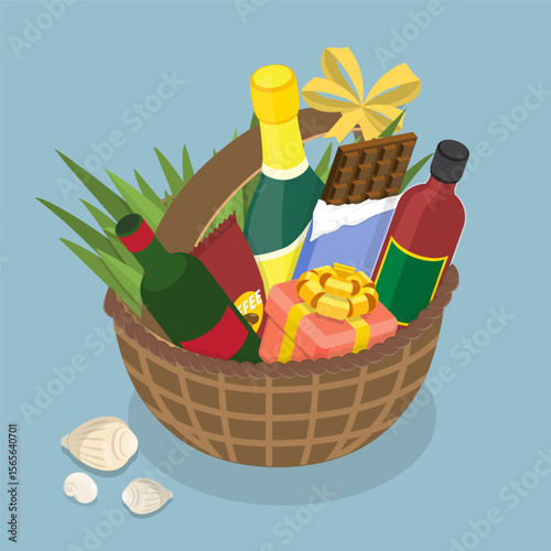 3D Isometric Flat Vector Illustration of Gift Hamper, Gift-Filled Wicker Basket Keepsake
