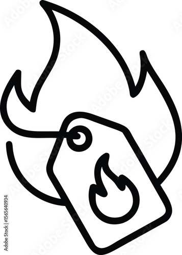 Hot deal tag icon with burning fire flame illustration design