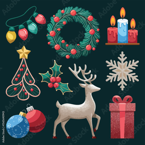 vector Happy New Year Celebrating 2025 in Latin letters , Christmas Decoration Items Santa Claus
