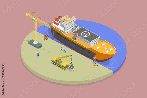 3D Isometric Flat Vector Illustration of Marine Industry, Innovative Idea For Constructing Ships
