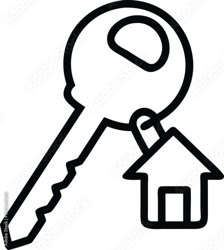 House key icon with keychain in simple line art illustration