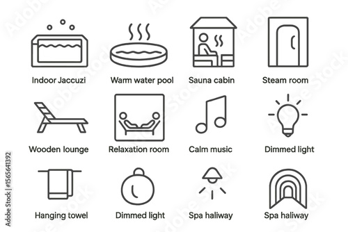 Spa facility icons: jacuzzi, sauna, steam room, relaxation, lounge