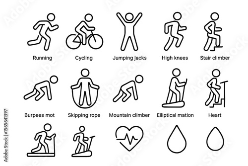 Exercise icon set featuring various workout activities on dark background